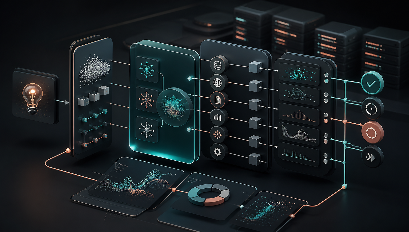AI workflow architecture with model, tool, API, evaluation, and automation layers.