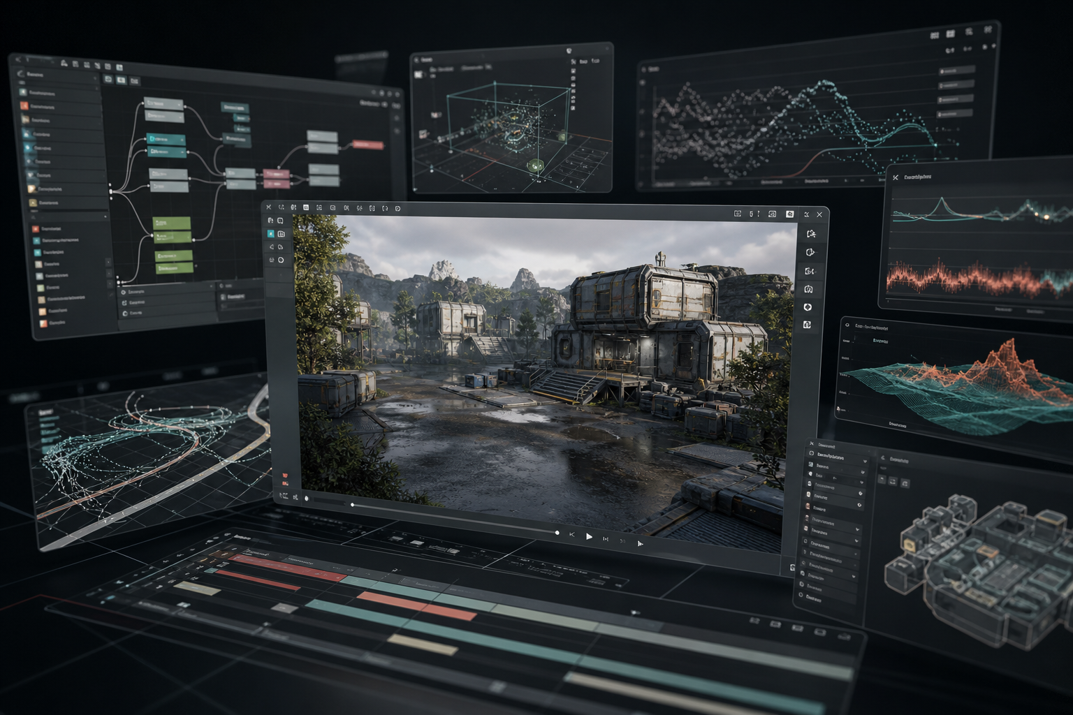 Interactive systems tooling with real-time viewport, node graphs, metrics, and pipeline panels.